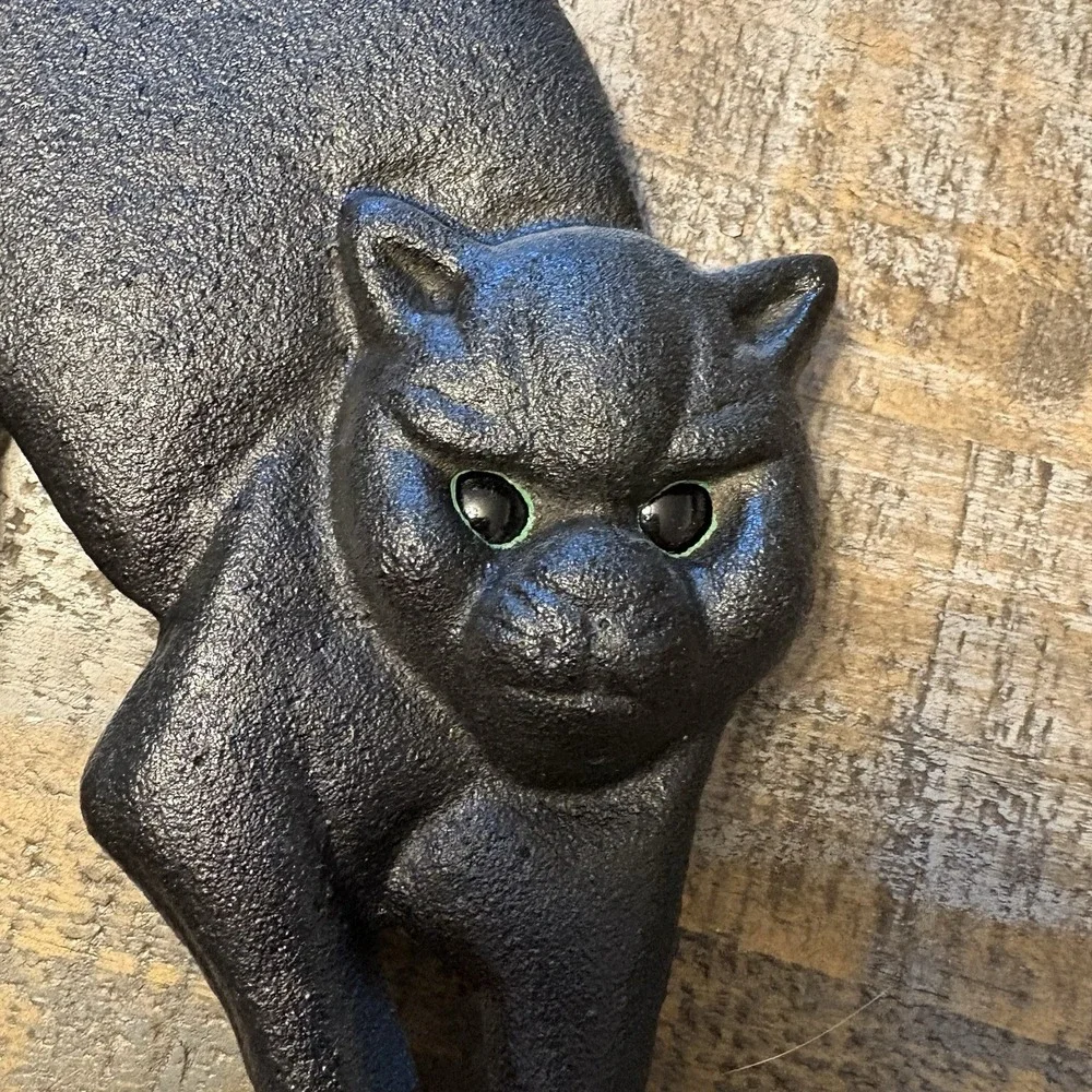 Vintage Cast Iron Door Stop Black Cat Spooky Feline Heavy 11